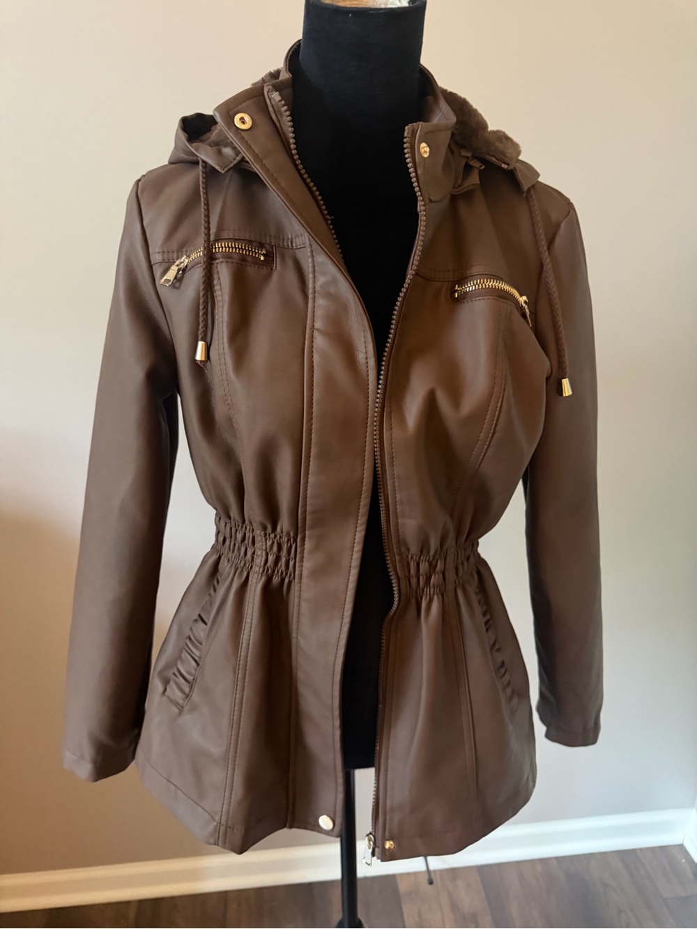 Cavalini NEW Brown Hooded Drawstring Zip Faux Leather Jacket MED